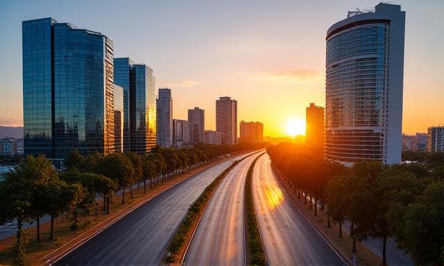 Johannesburg business district skyline at sunrise