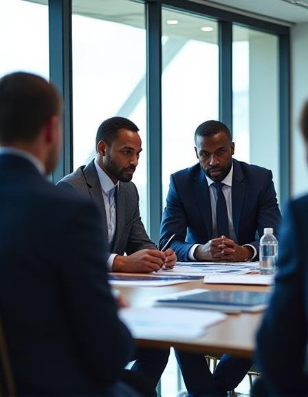 Professional team in a boardroom discussing financial compliance documents