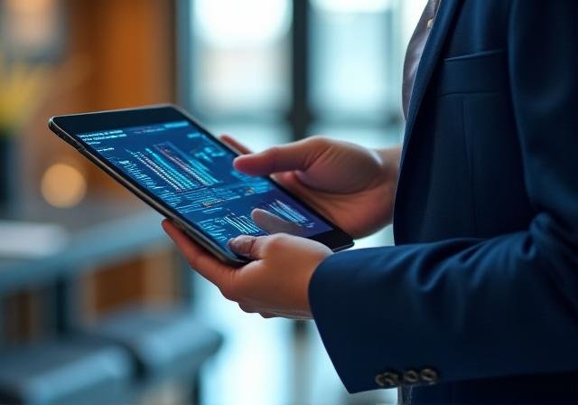 Close up of a financial specialist analyzing data on a tablet in a modern office